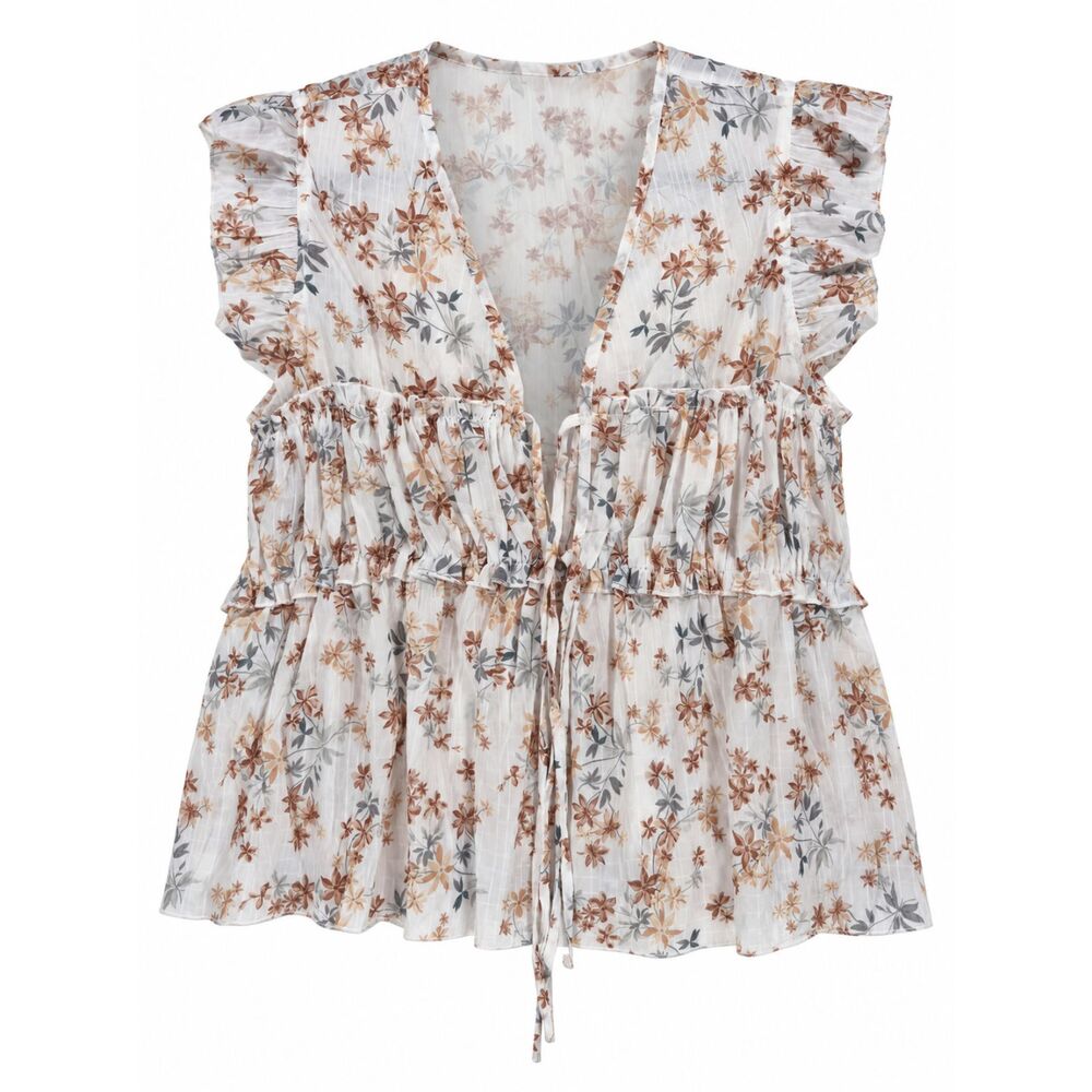 NWOT White Floral Tie-Front Ruffle Peplum Blouse Cottagecore Fairycore